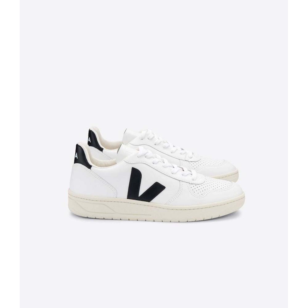 Veja V-10 LEATHER Women\'s Sneakers White/Black | NZ 663MQZ